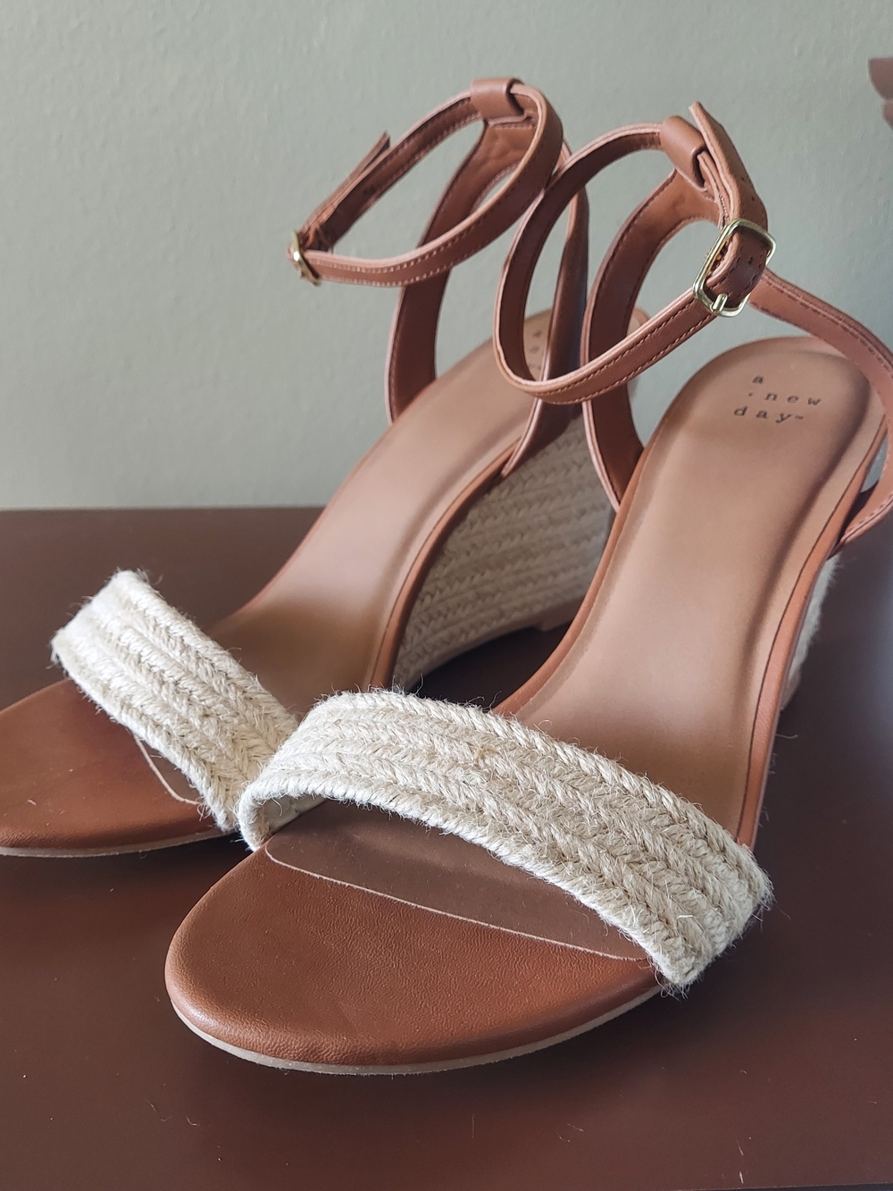 NWOB A New Day Tan Espadrille Wedge Sandals with Cream Braided Strap